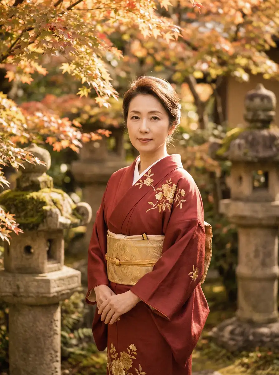 一位身穿暗红色和服的优雅 福建兄妹 在日式庭院中